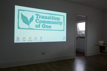 Projection screen in living room for event in April 2014